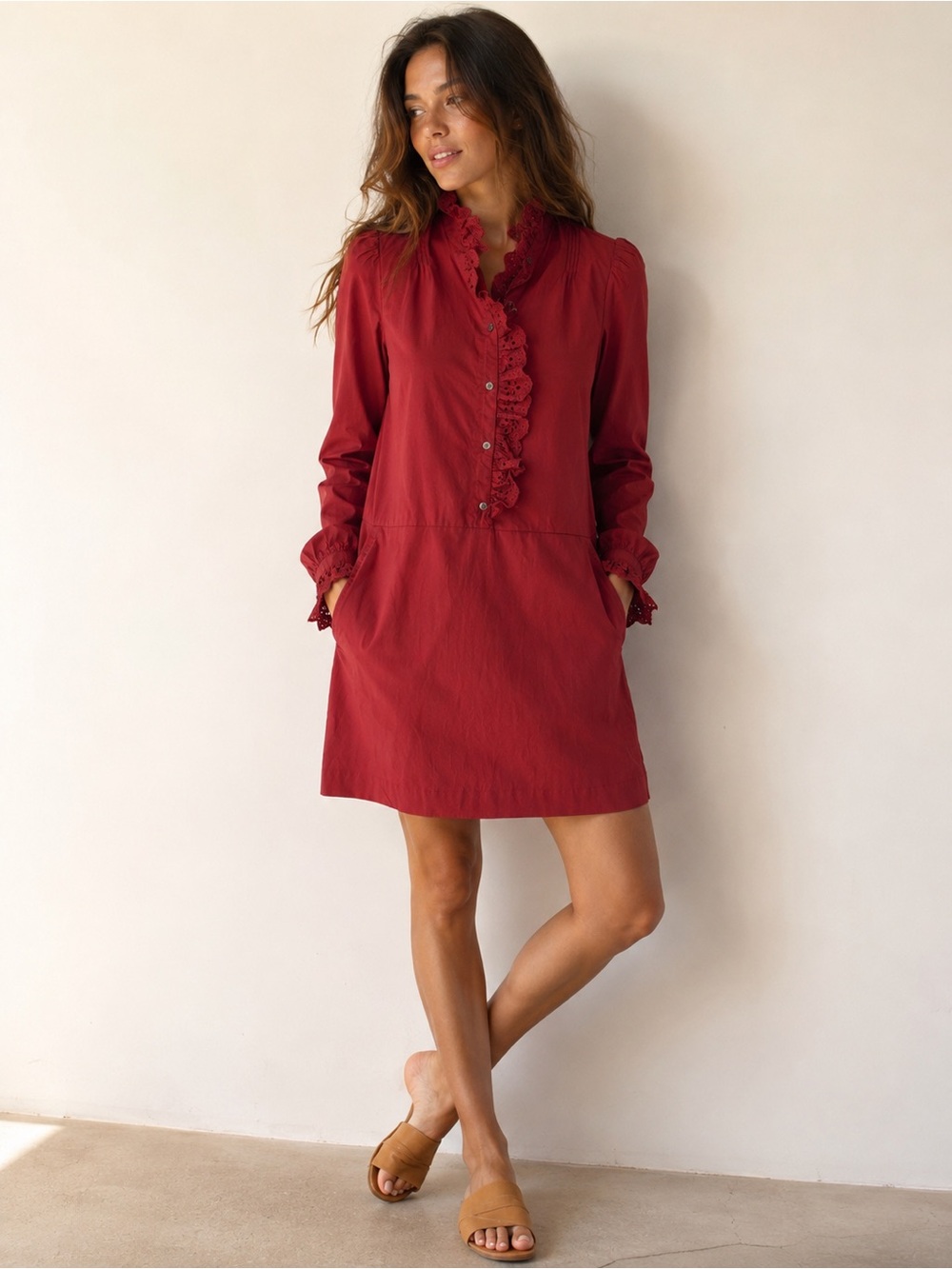 Joie Burgundy Eyelet Ruffle Long Sleeve Cotton Dress XXS